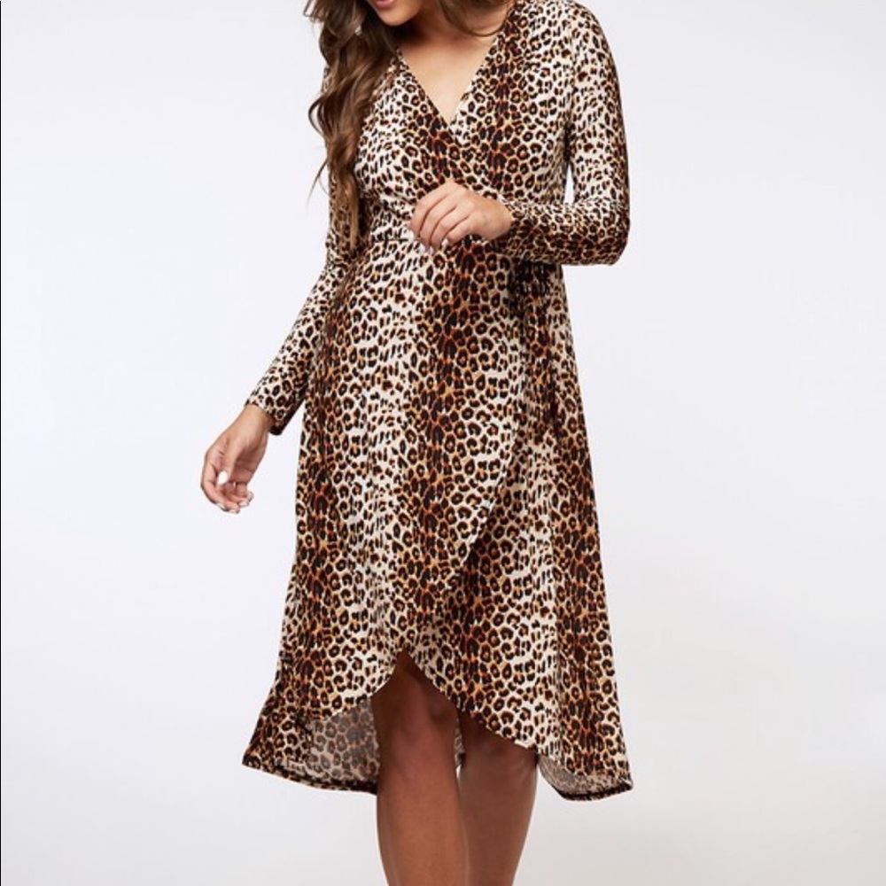 Leopard Midi Faux Wrap Dress Long Sleeves